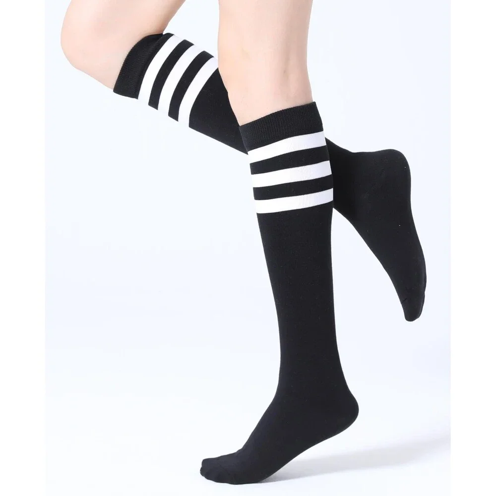 Joulli Women's Black Knee High Athletic Socks Stripe Tube Outdoor 3 PAIRS BW